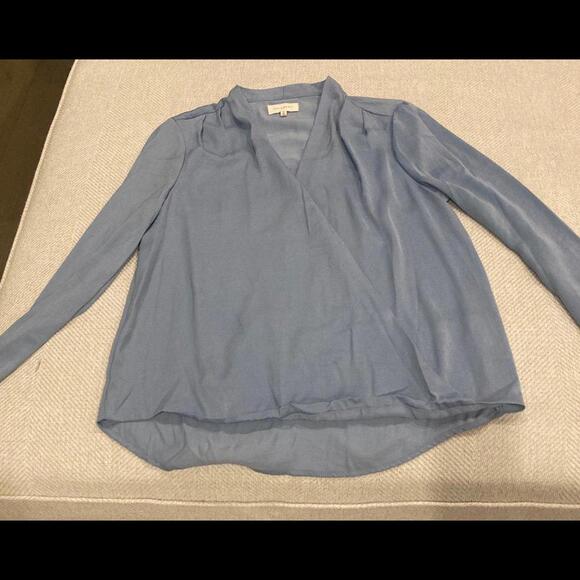 Chic Light Blue Wrap Top - Stylish Long Sleeve Blouse - Picture 1 of 3